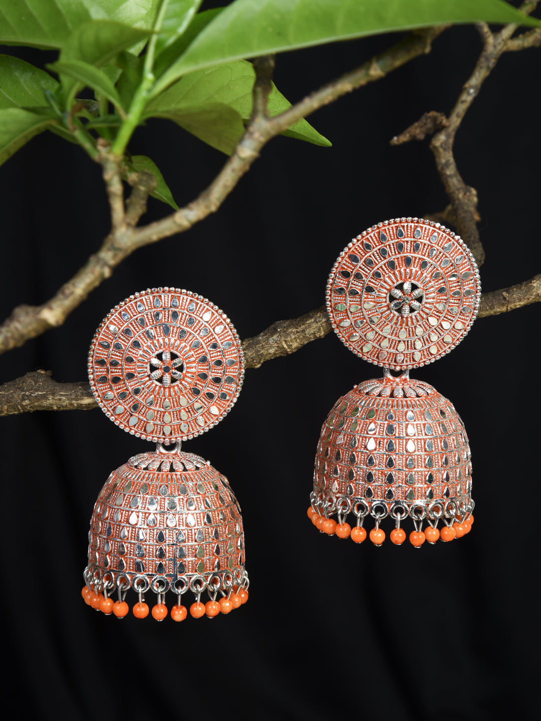 ITARA Orange & Silver-Toned Dome Shaped Jhumkas