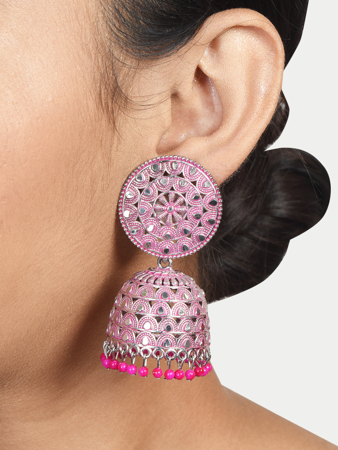ITARA Pink & Silver-Toned Dome Shaped Jhumkas