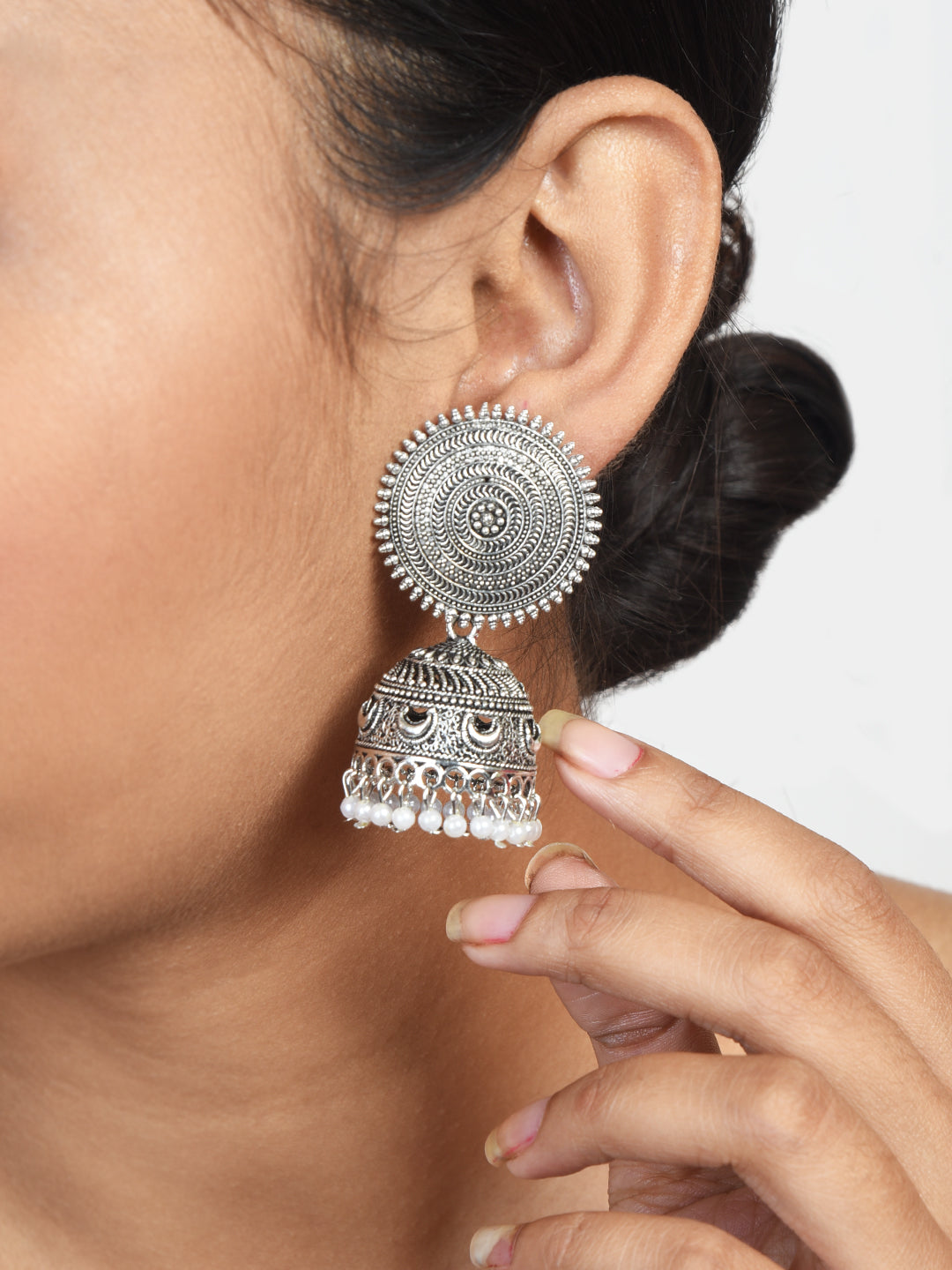 ITARA Silver-Toned Dome Shaped Jhumkas