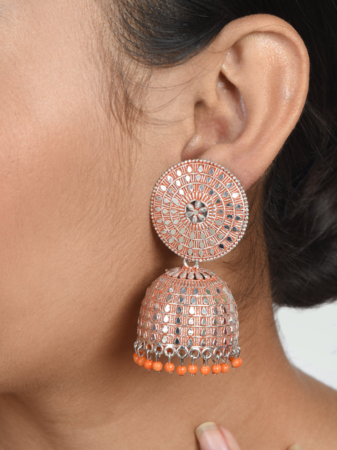 ITARA Orange & Silver-Toned Dome Shaped Jhumkas