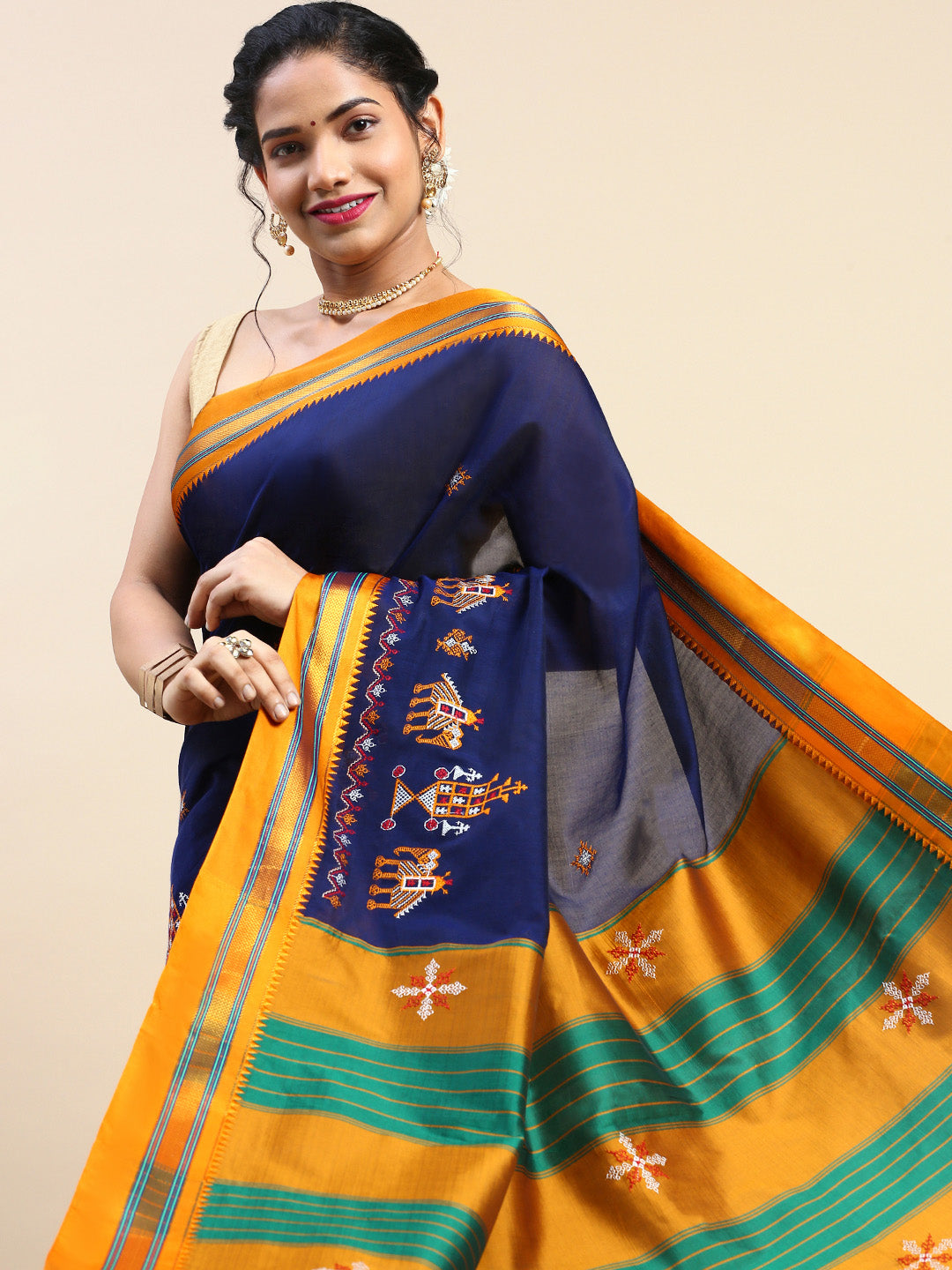 Blue Cotton Saree With Karnataka Kasuti Work And Silk Border