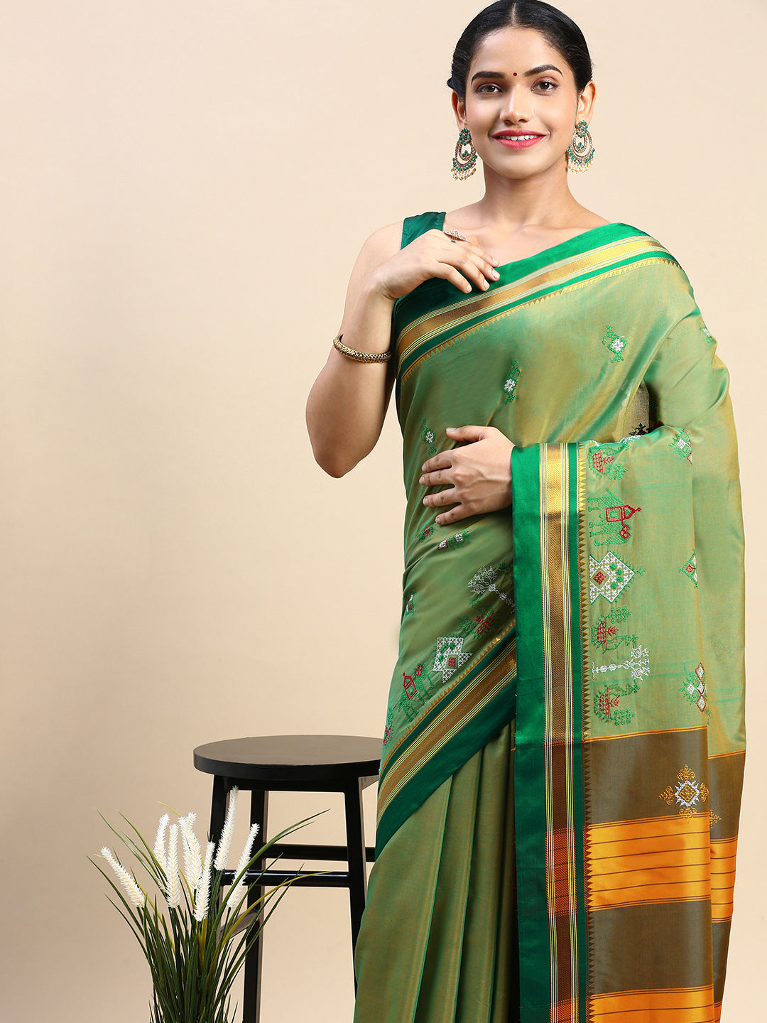 Green Cotton Saree With Karnataka Kasuti Work  And Silk Border