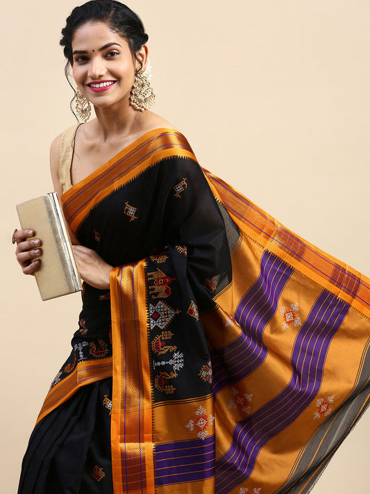 Black Cotton Saree With Karnataka Kasuti Work And Silk Border