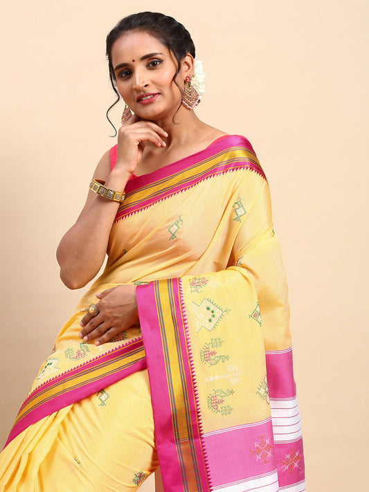 Lemon Yellow Cotton Saree With Karnataka Kasuti Work And Silk Border