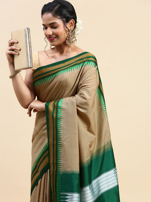 Khaki Thane Warp Check Saree with Top Pallu