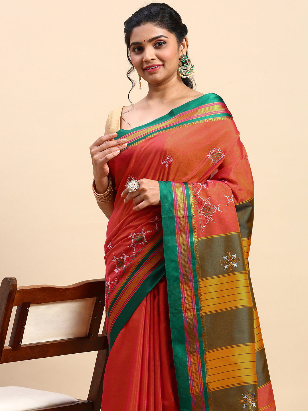 Bright Orange Cotton Saree With Karnataka Kasuti Work And Silk Border