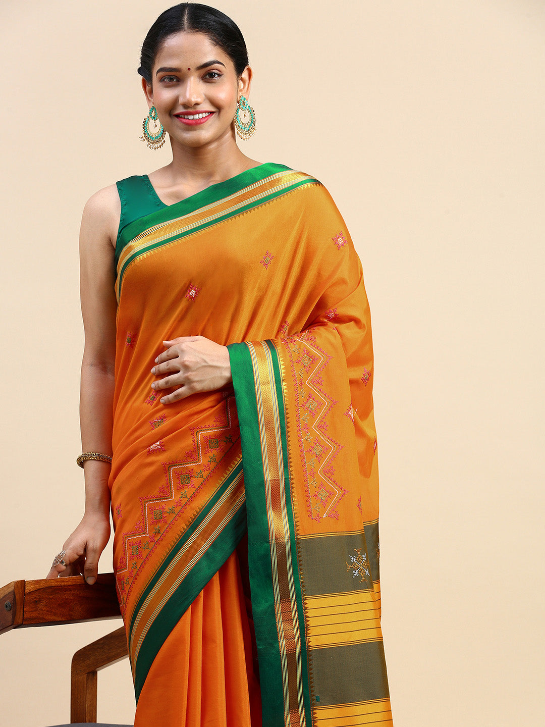 Orange Cotton Saree With Karnataka Kasuti Work And Silk Border