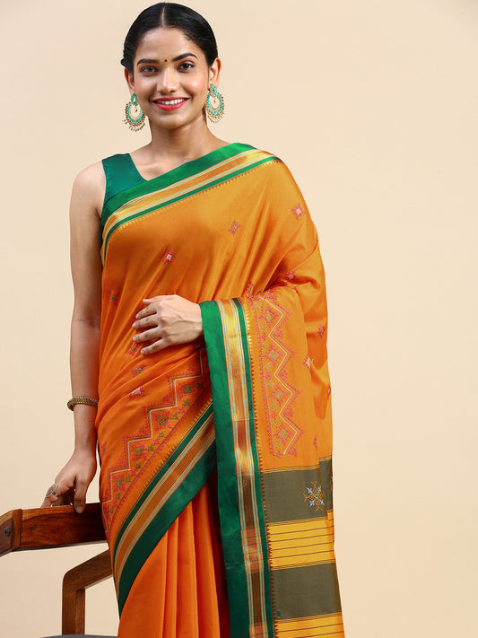 Orange Cotton Saree With Karnataka Kasuti Work And Silk Border