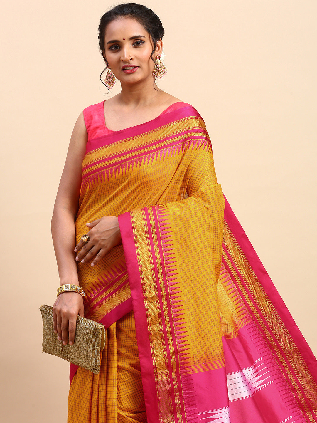 Gold Yellow Thane Warp Check Saree with Top Pallu