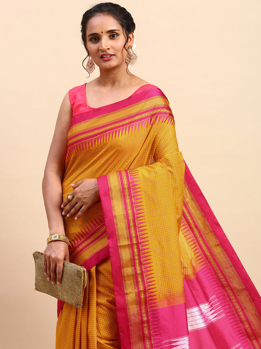 Gold Yellow Thane Warp Check Saree with Top Pallu