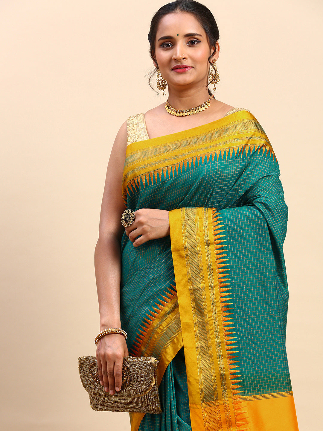 Green Thane Warp Check Saree with Top Pallu