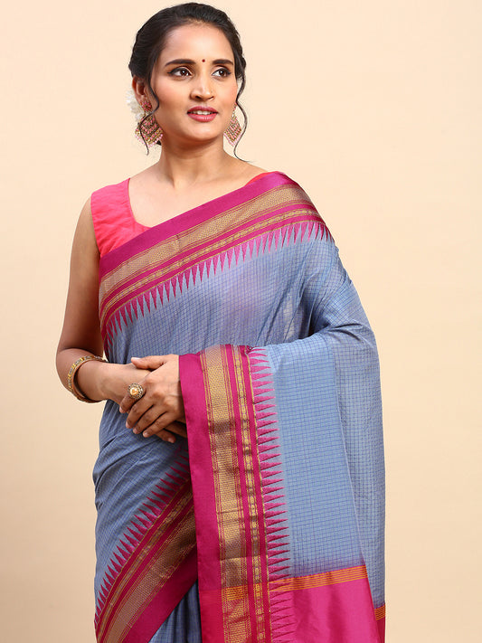 Metallic Gray Thane Warp Check Saree with Top Pallu