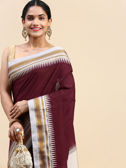 Dark Brown Thane Warp Check Saree with Top Pallu