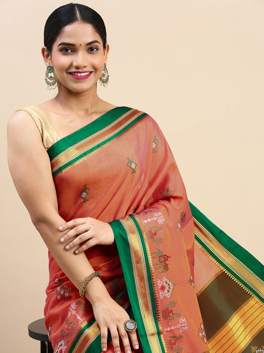 Peach Color Cotton Saree With Karnataka Kasuti Work And Silk Border