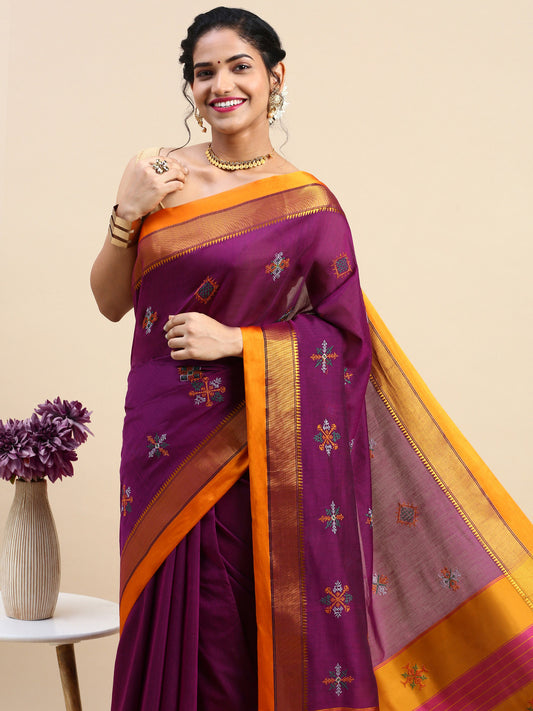 Purple Cotton Saree With Karnataka Kasuti Work And Silk Border