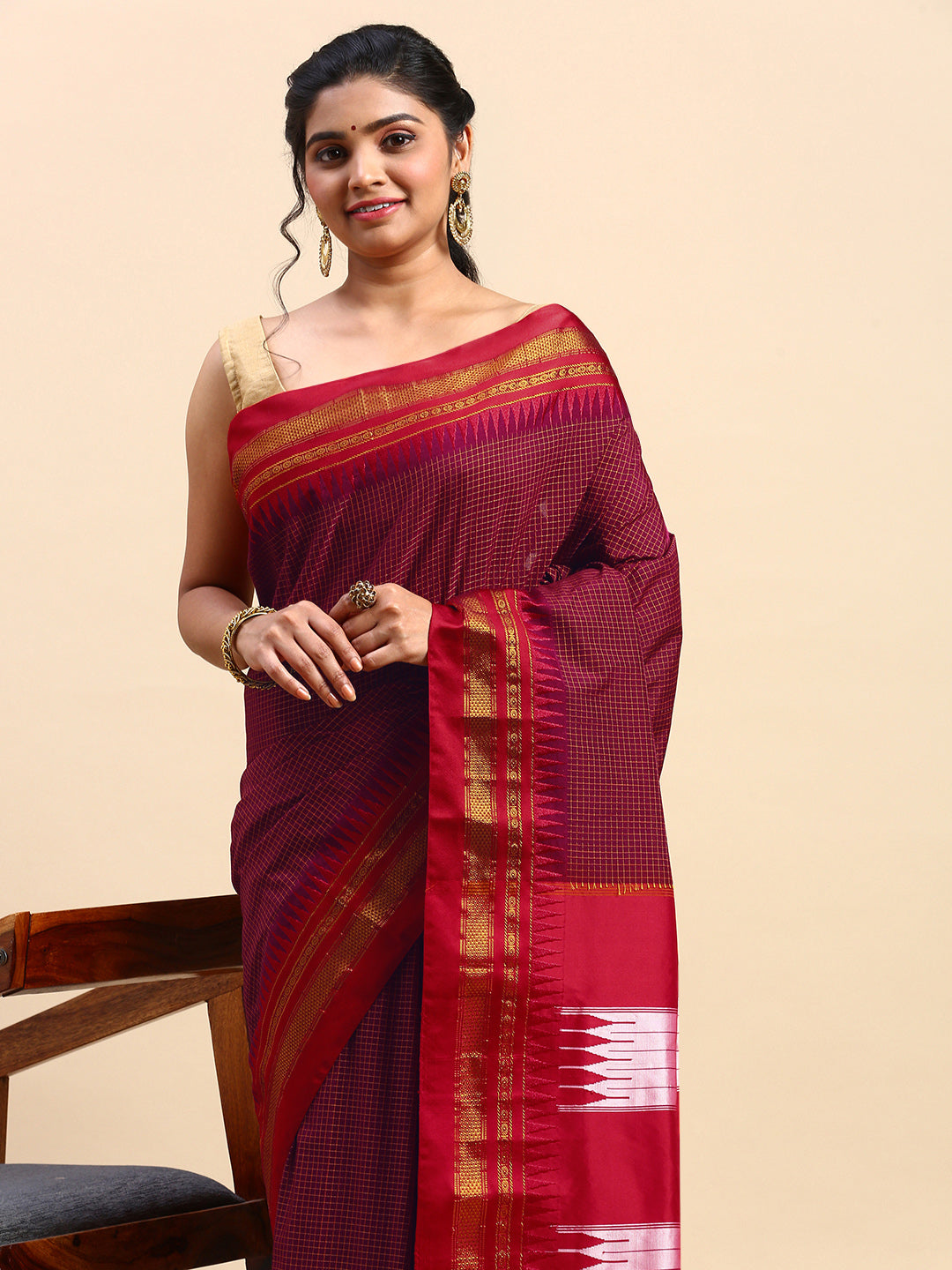 Red Thane Warp Check Saree with Top Pallu