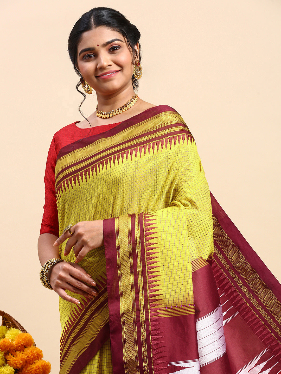 Yellow Thane Warp Check Saree with Top Pallu