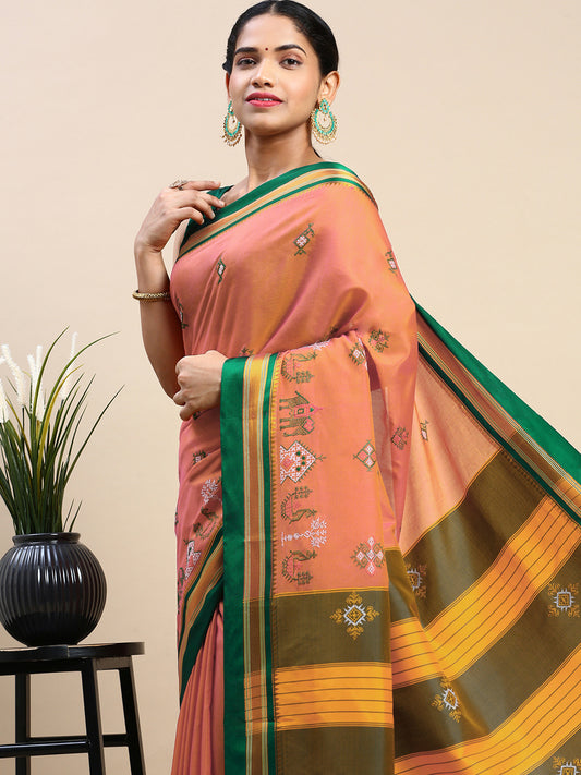 Peach Cotton Saree With Karnataka Kasuti Work And Silk Border