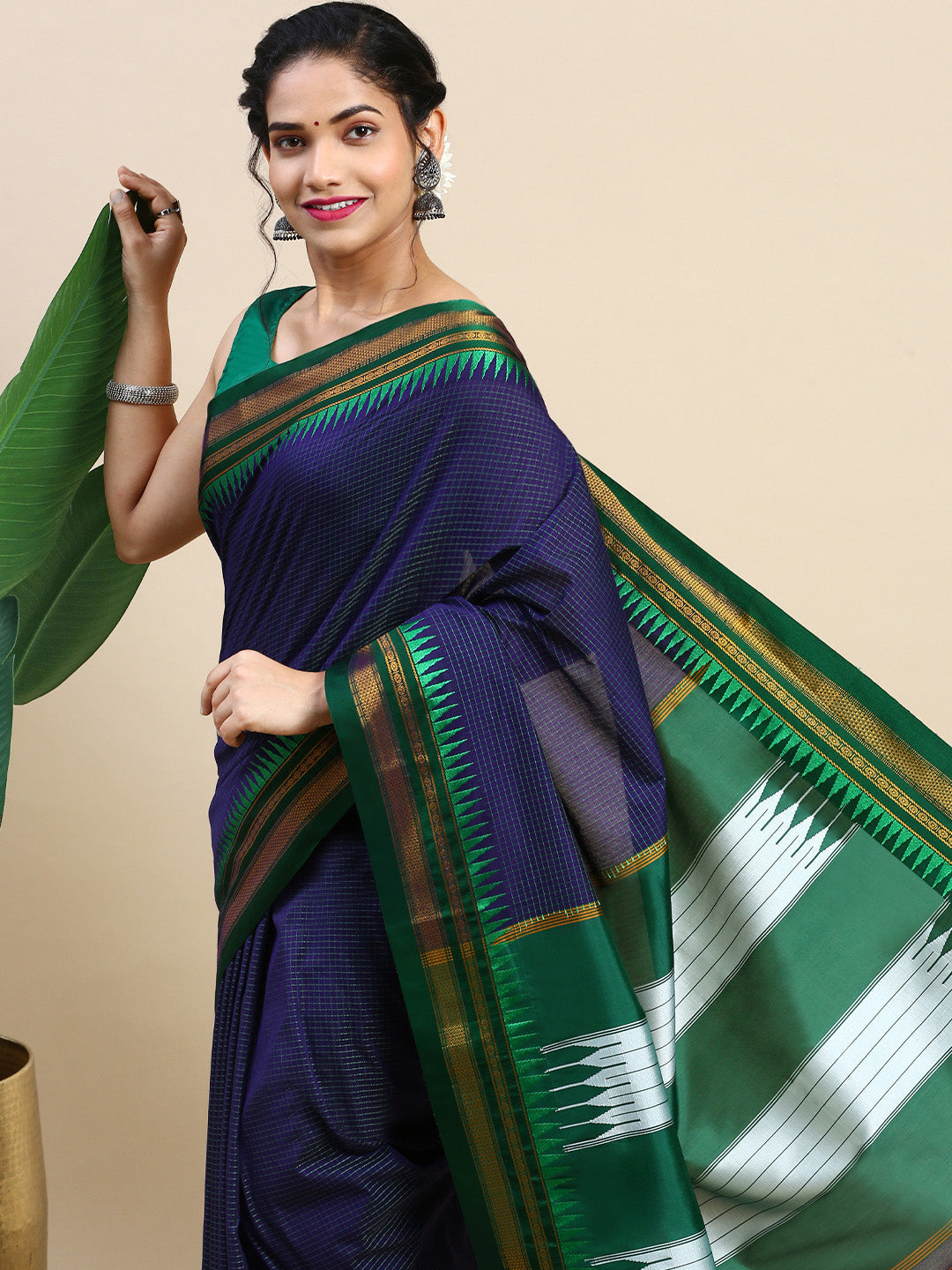 Dark Blue Thane Warp Check Saree with Top Pallu