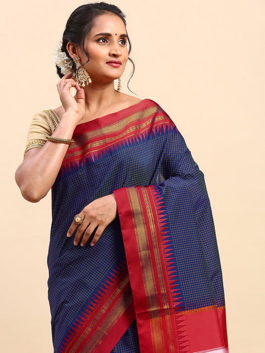 Dark Indigo Thane Warp Check Saree with Top Pallu