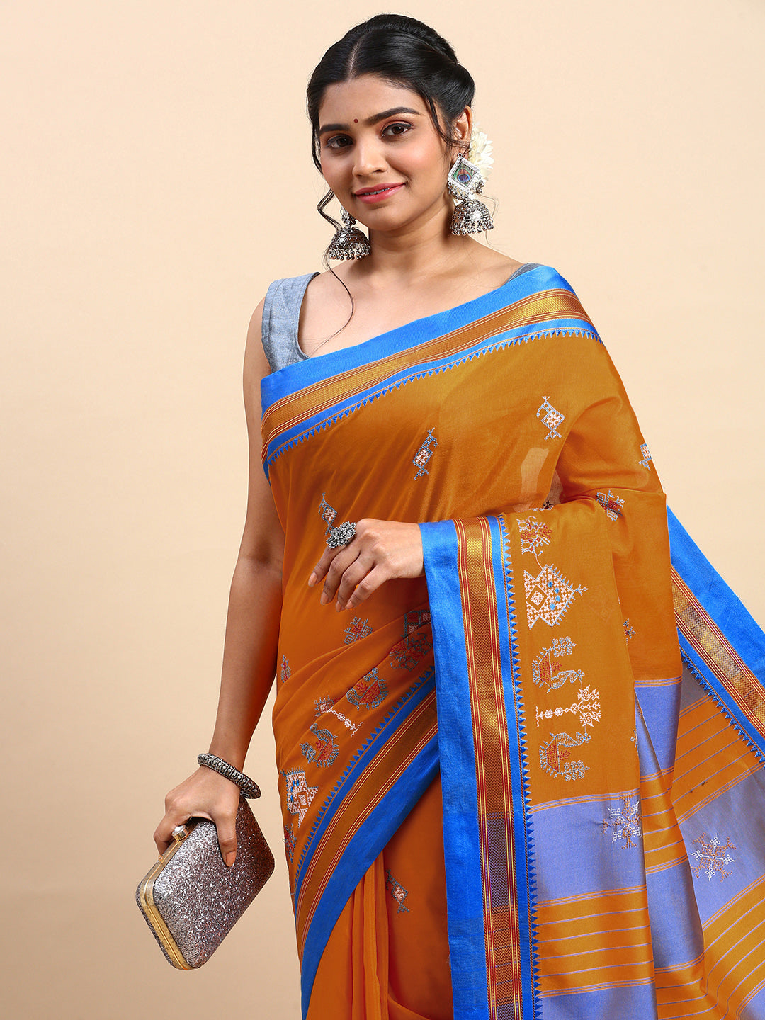 Kasuti Work Handloom Cotton Blend Saree in Brown and Metallic Blue Border