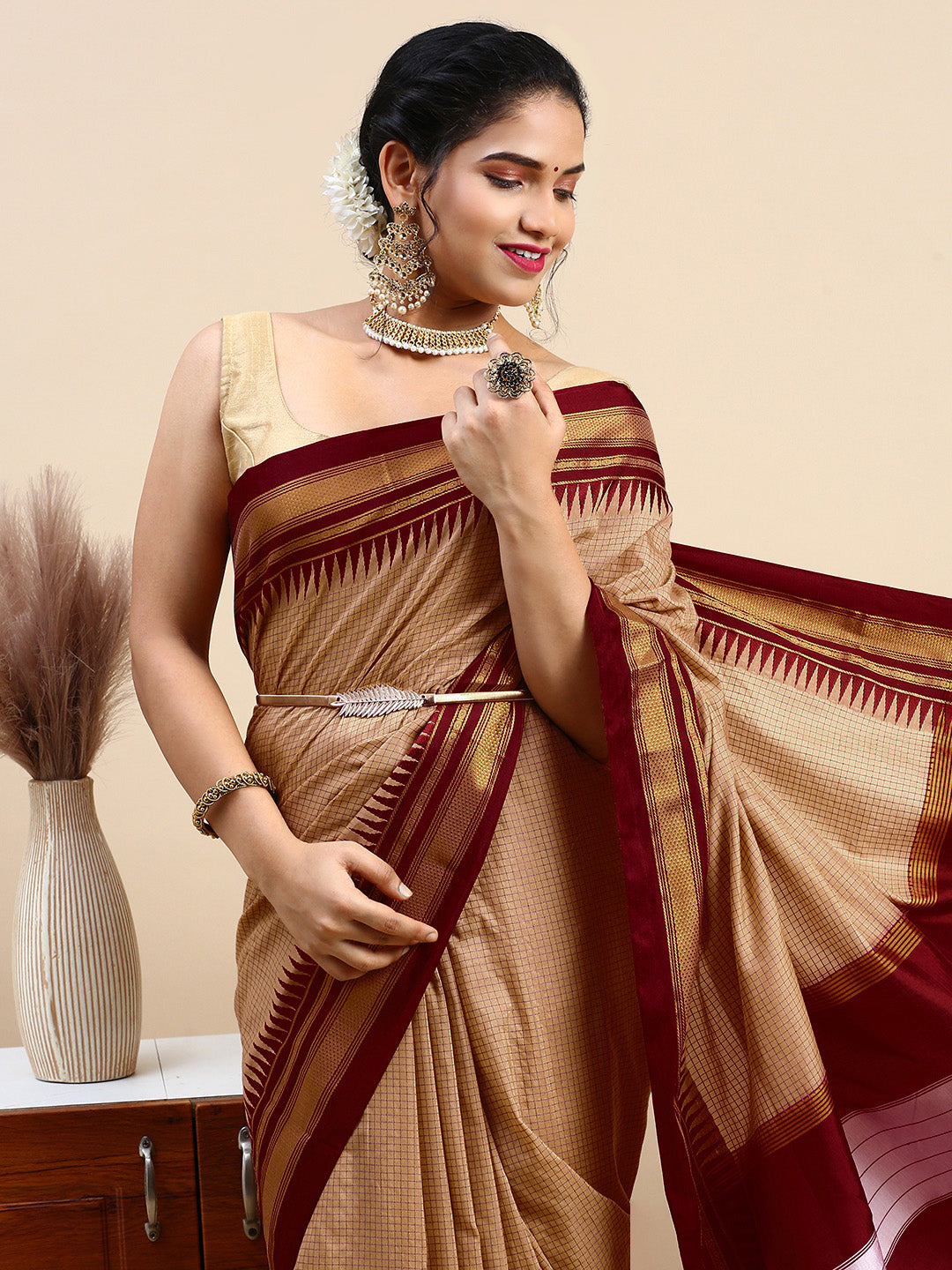 Nude color Thane Warp Check Saree with Top Pallu