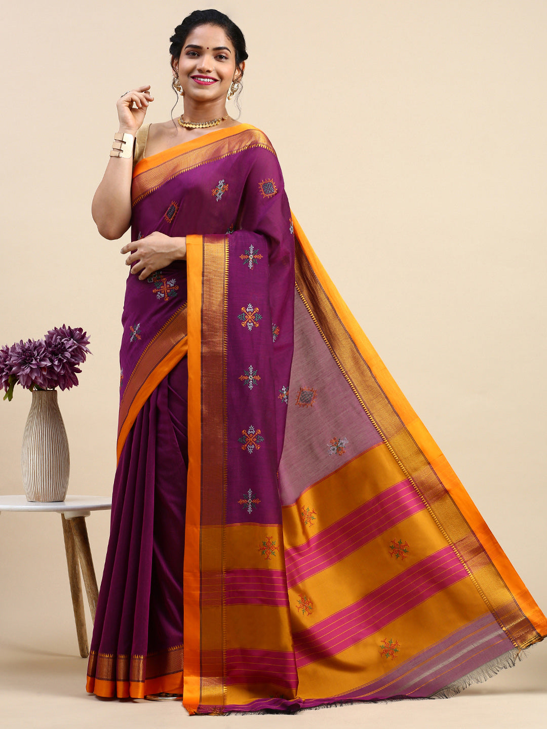 Purple Cotton Saree With Karnataka Kasuti Work And Silk Border