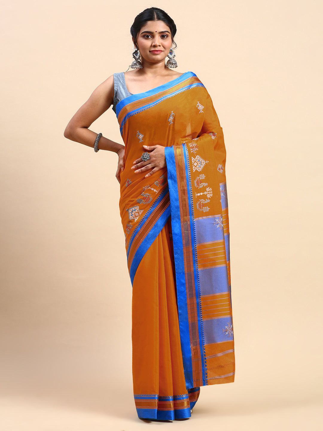 Kasuti Work Handloom Cotton Blend Saree in Brown and Metallic Blue Border