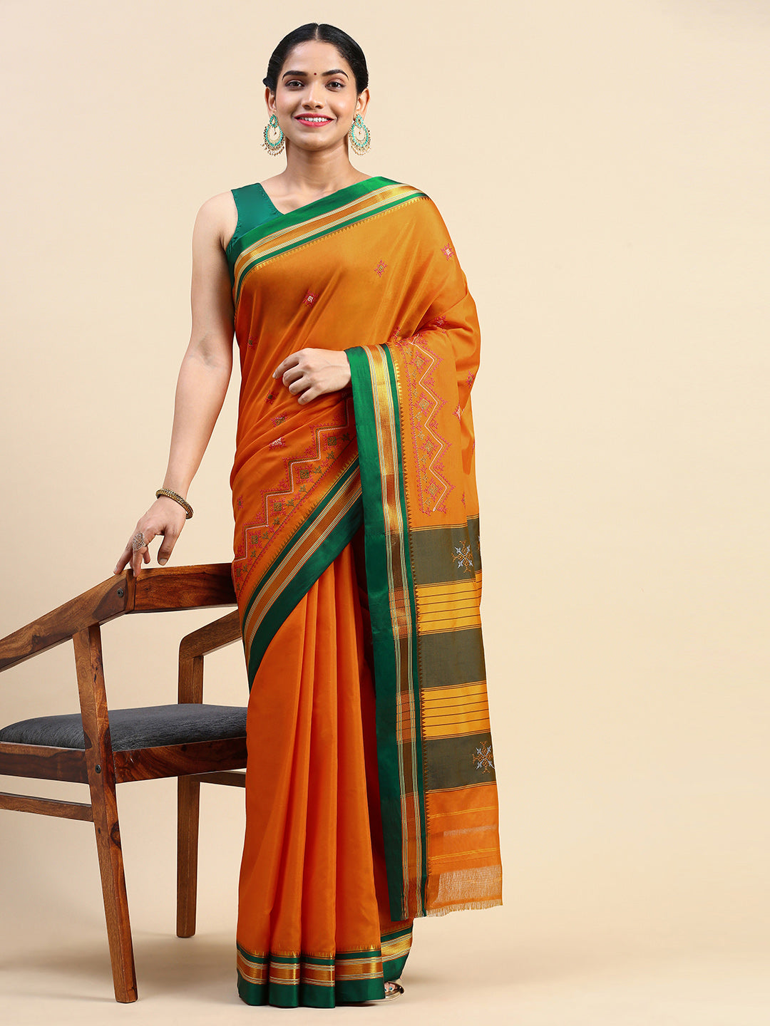 Orange Cotton Saree With Karnataka Kasuti Work And Silk Border