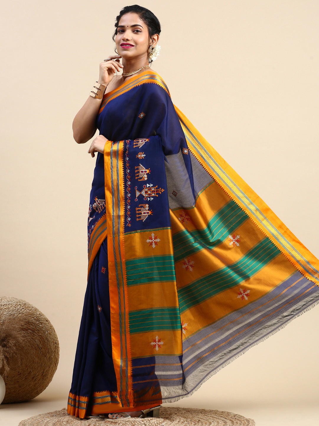 Blue Cotton Saree With Karnataka Kasuti Work And Silk Border