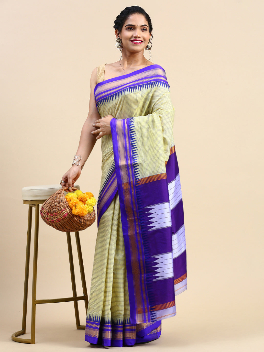 Off White Thane Warp Check Saree with Top Pallu