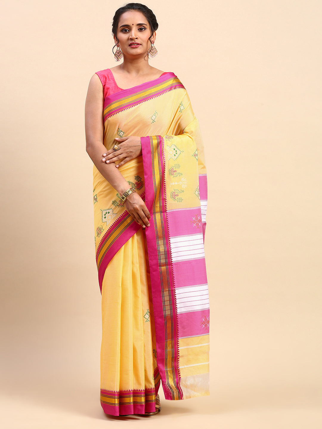 Lemon Yellow Cotton Saree With Karnataka Kasuti Work And Silk Border