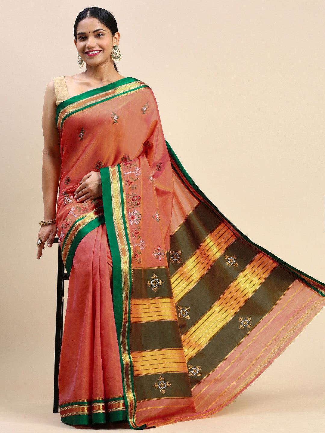 Peach Color Cotton Saree With Karnataka Kasuti Work And Silk Border