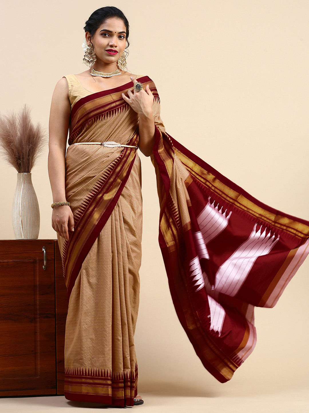 Nude color Thane Warp Check Saree with Top Pallu