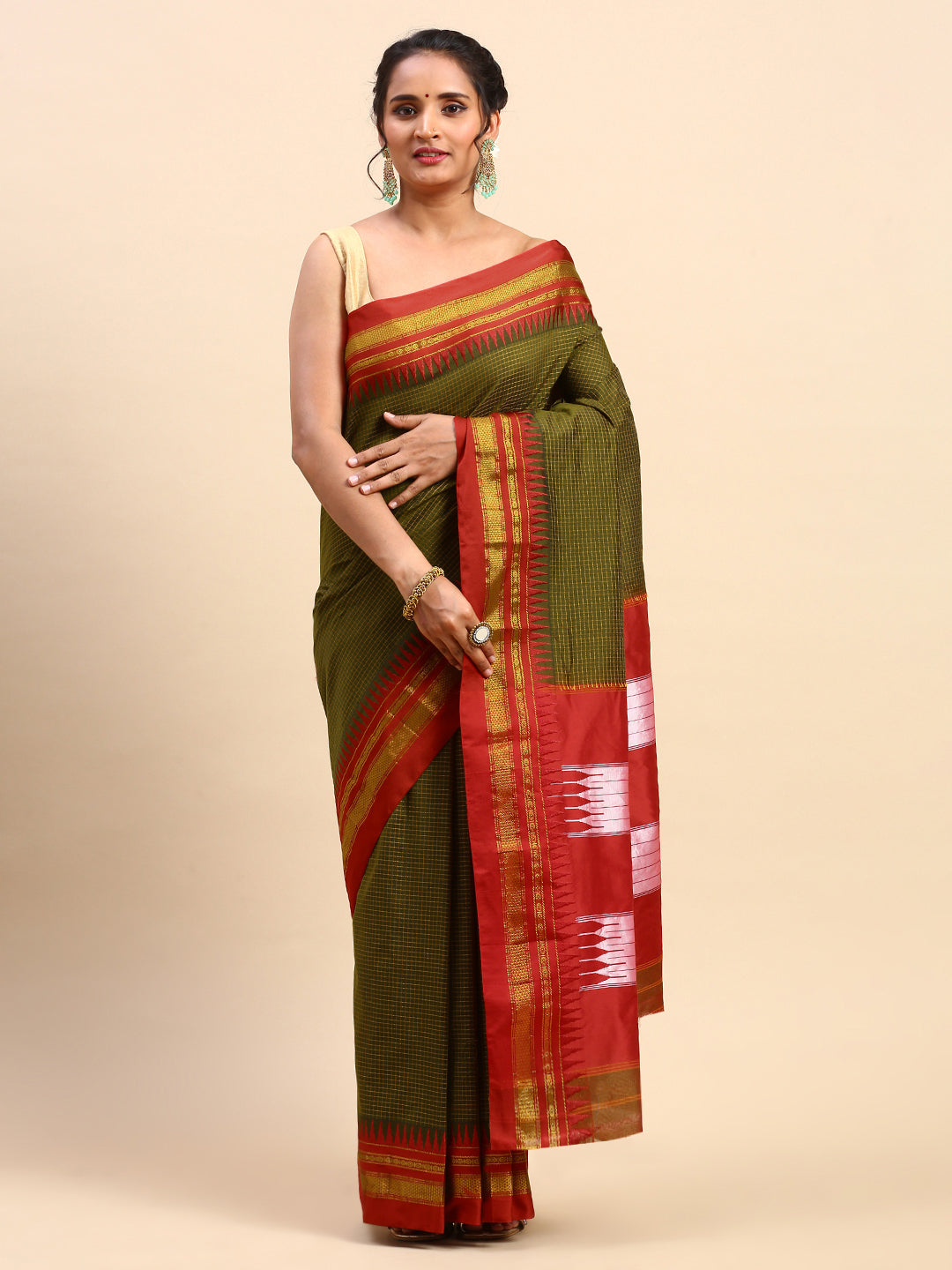 Mehndi Green Thane Warp Check Saree with Top Pallu