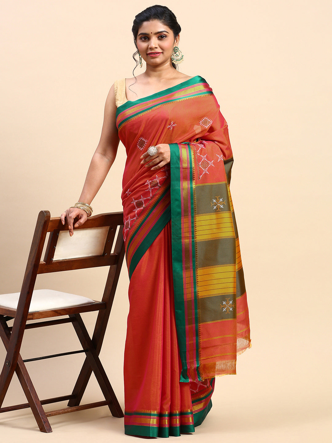 Bright Orange Cotton Saree With Karnataka Kasuti Work And Silk Border