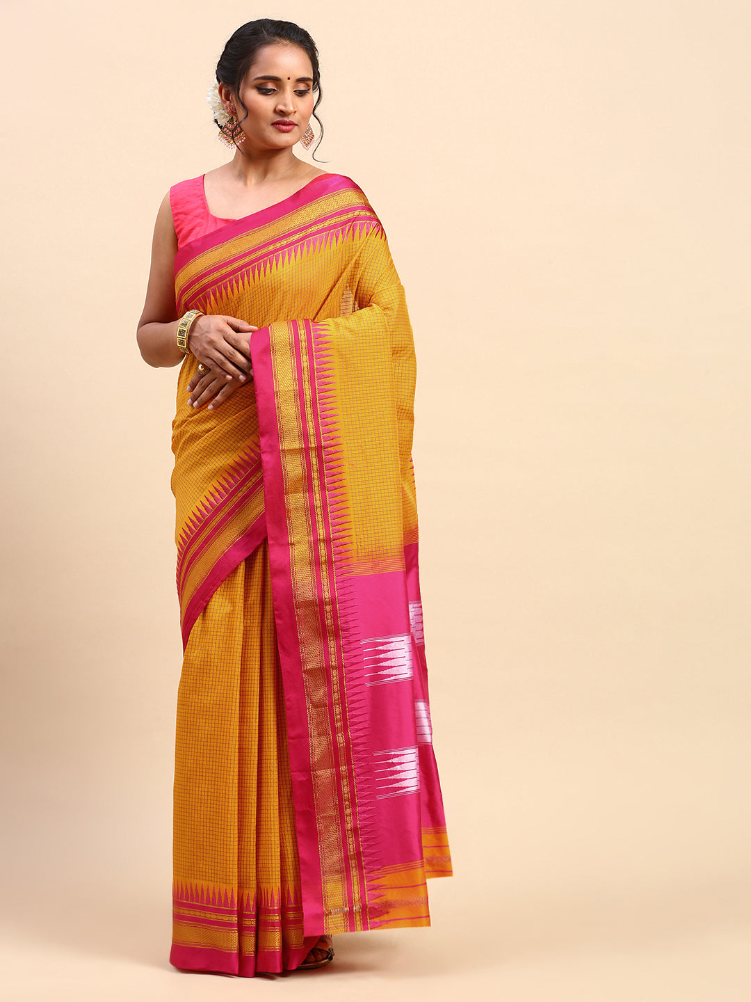 Gold Yellow Thane Warp Check Saree with Top Pallu