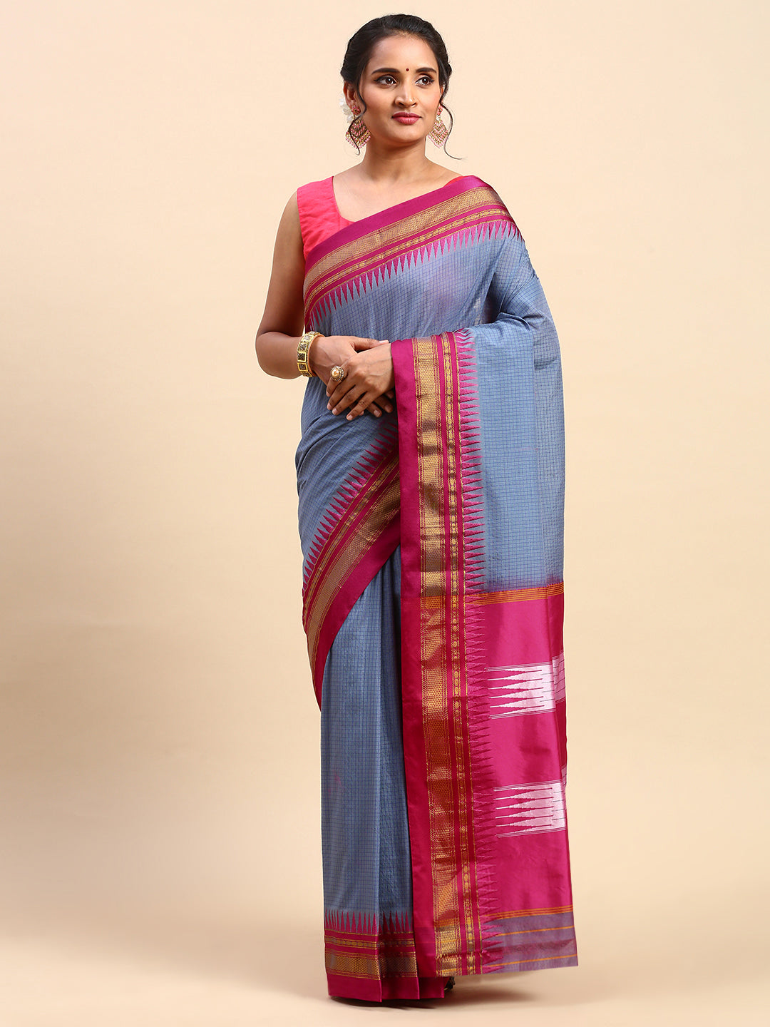 Metallic Gray Thane Warp Check Saree with Top Pallu