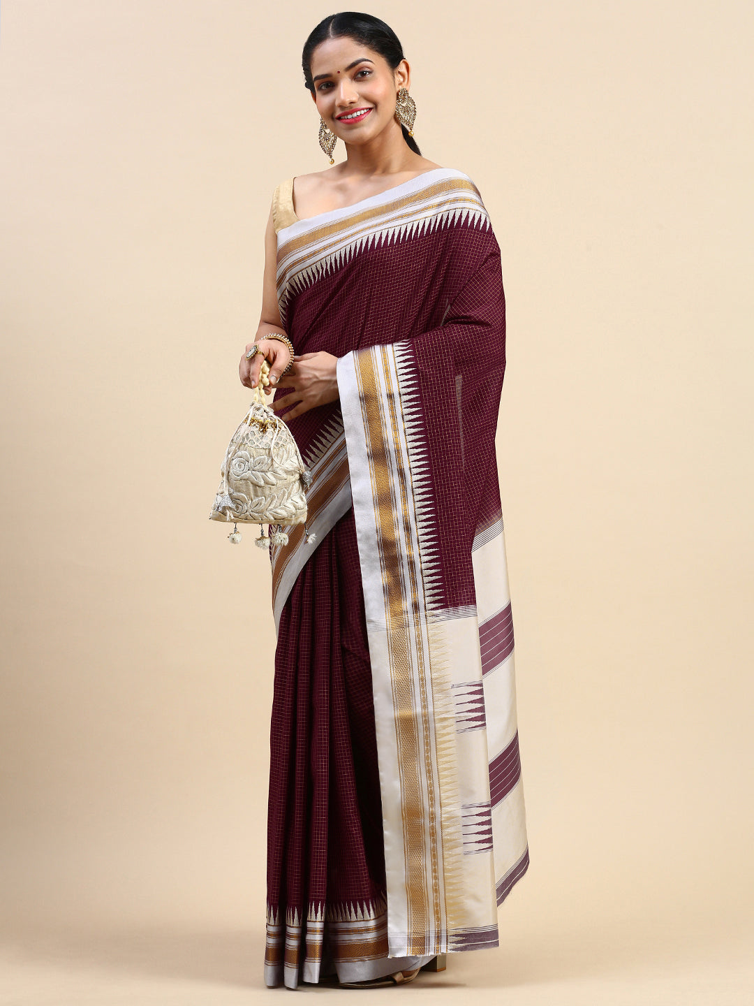 Dark Brown Thane Warp Check Saree with Top Pallu