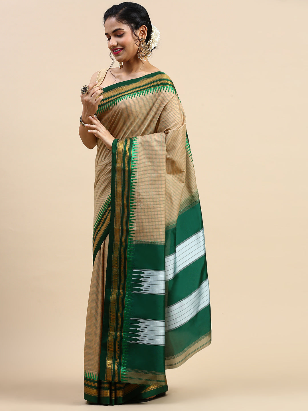 Khaki Thane Warp Check Saree with Top Pallu