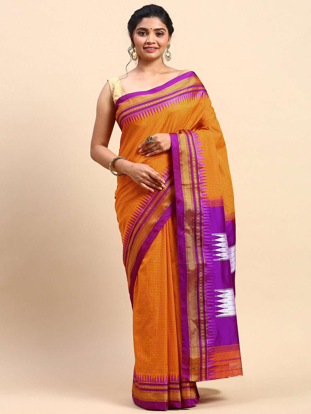 Orange Thane Warp Check Saree with Top Pallu