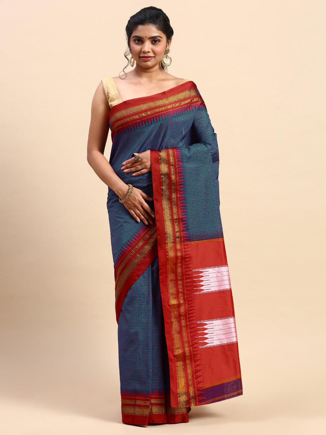 Indigo Blue Thane Warp Check Saree with Top Pallu