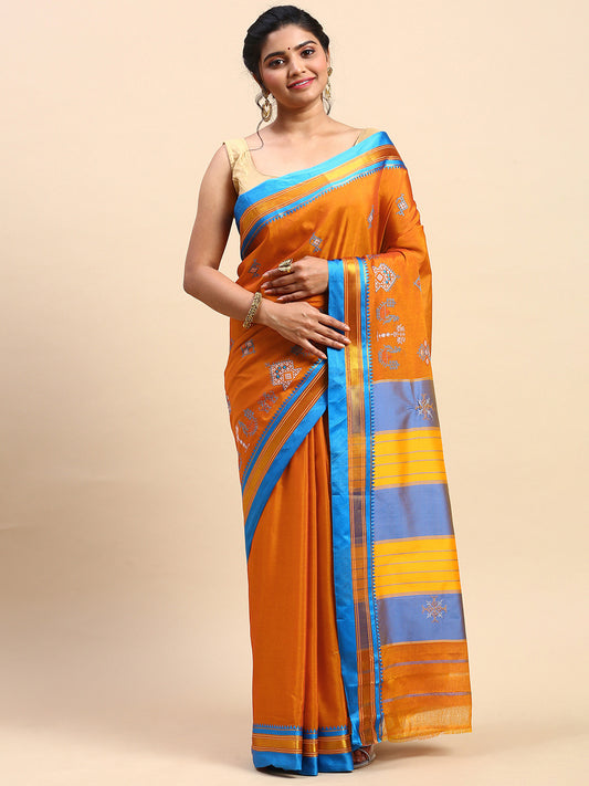 Kasuti Work Handloom Cotton Blend Saree in Gold with Blue Border