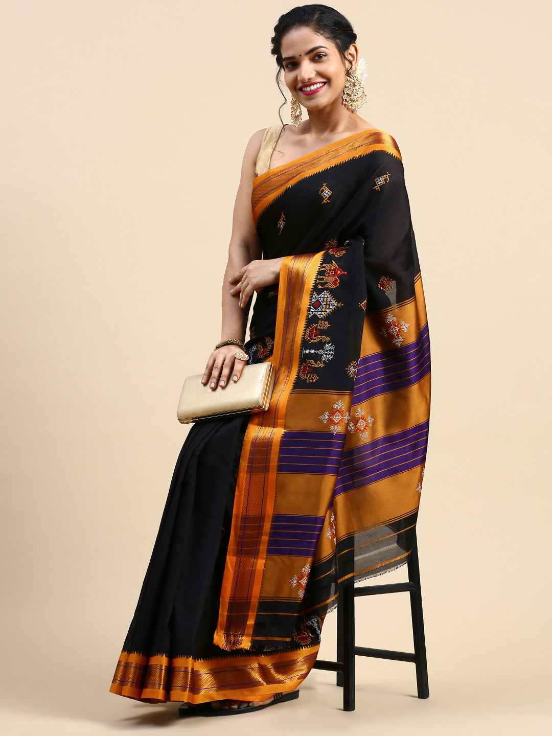 Black Cotton Saree With Karnataka Kasuti Work And Silk Border