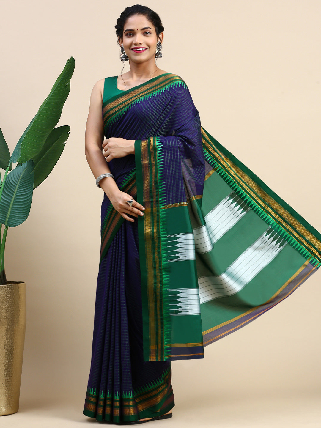 Dark Blue Thane Warp Check Saree with Top Pallu