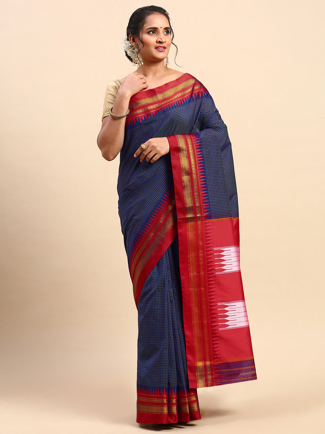 Dark Indigo Thane Warp Check Saree with Top Pallu