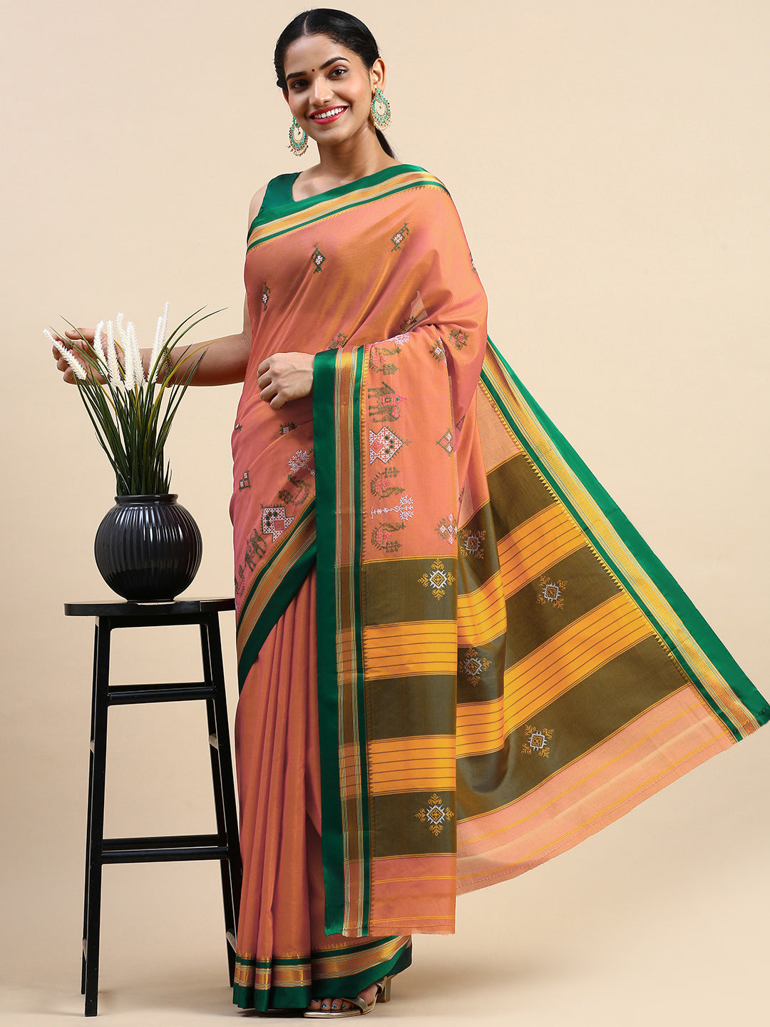 Peach Cotton Saree With Karnataka Kasuti Work And Silk Border