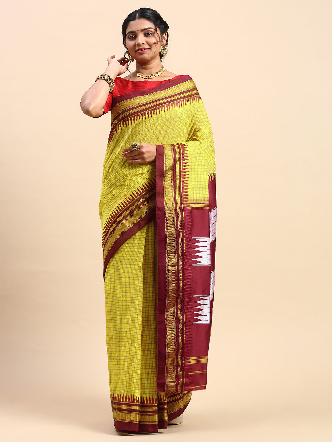 Yellow Thane Warp Check Saree with Top Pallu