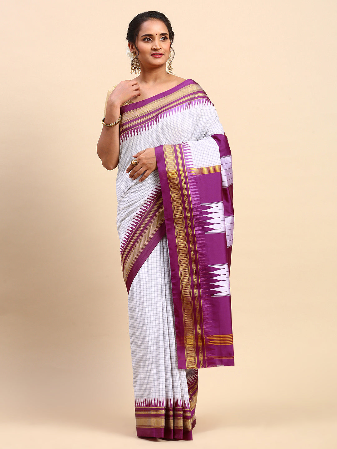 White Thane Warp Check Saree with Top Pallu