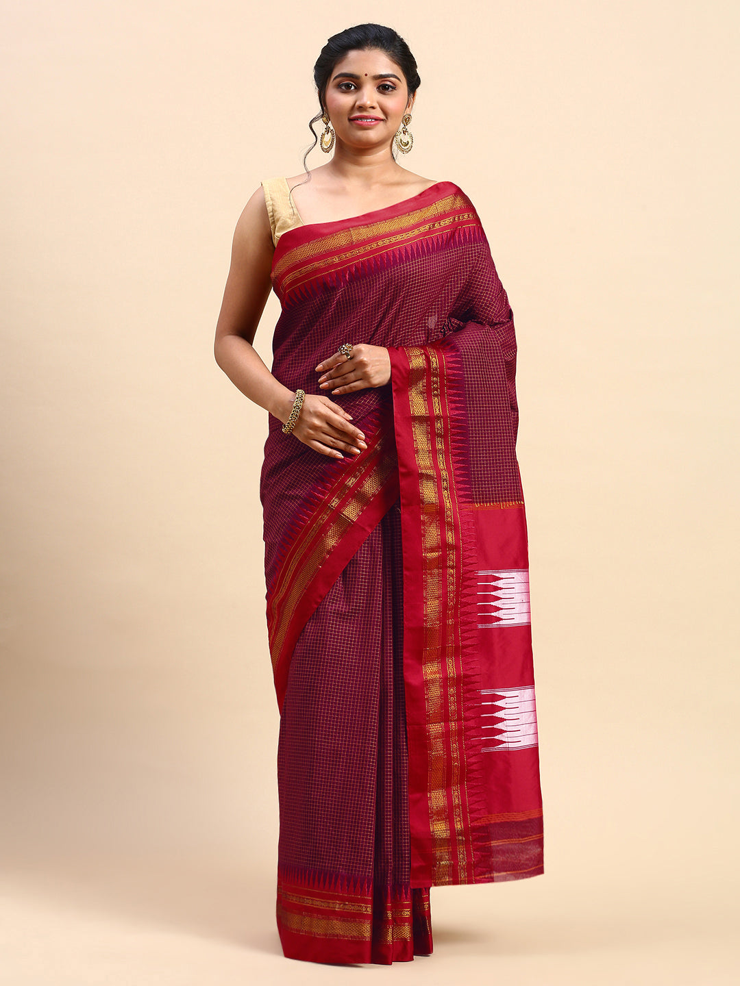 Red Thane Warp Check Saree with Top Pallu